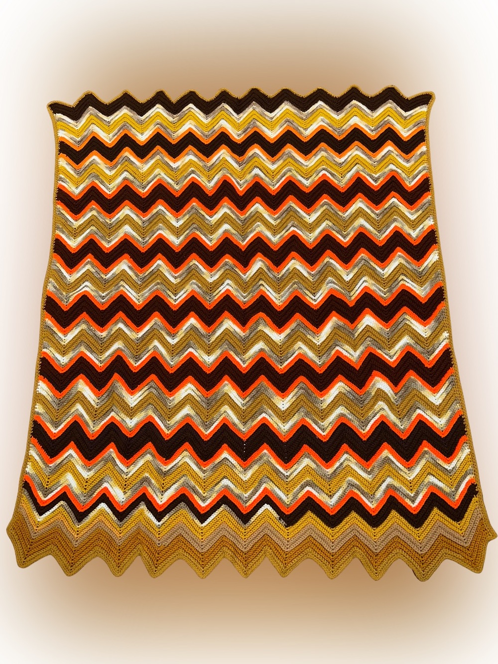 Vtg 70s Granny Afghan Blanket Crocheted Chevron Pattern Orange Brown Fall 58x46